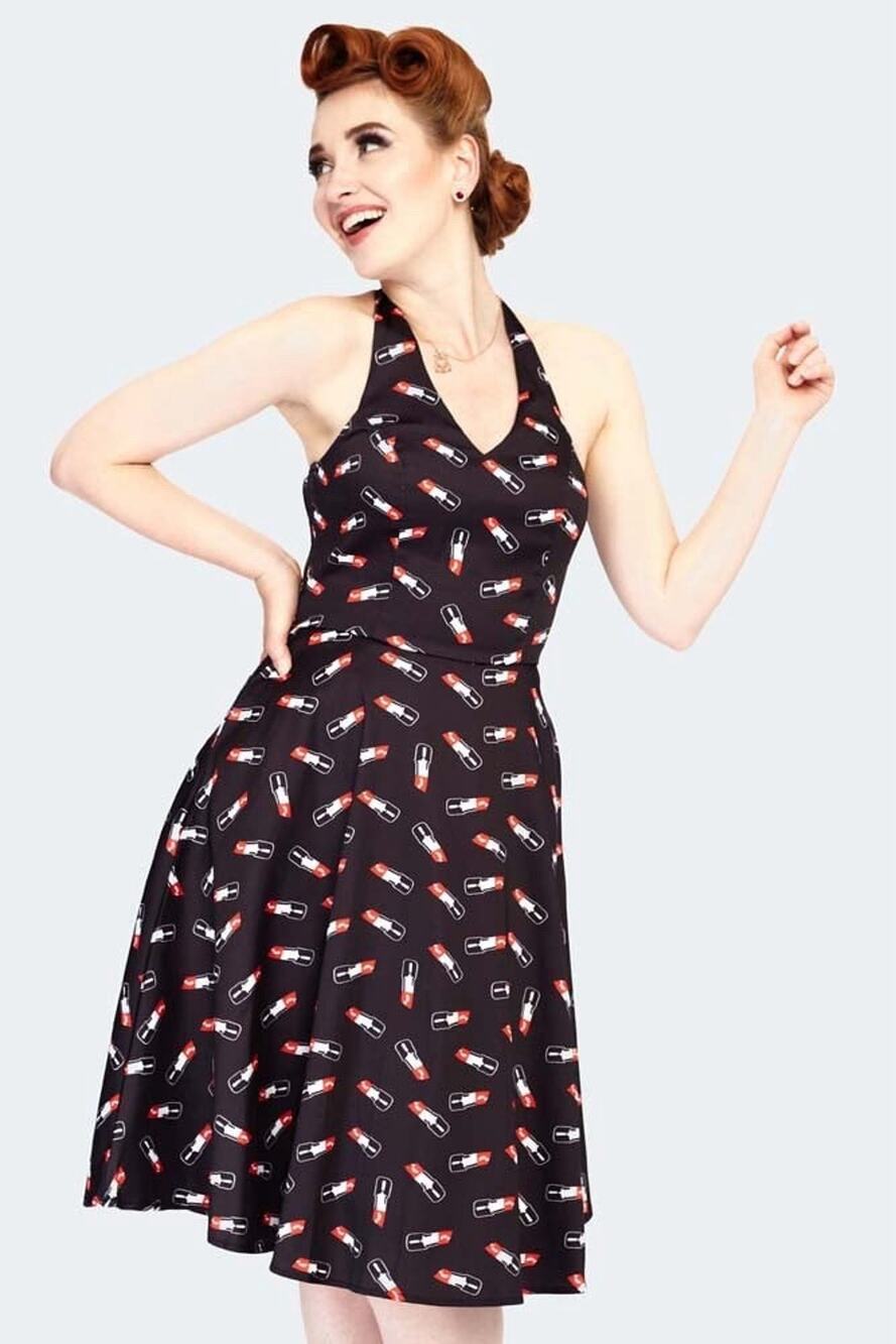Voodoo Vixen Sz Small Libby Lipstick Pinup Halter Dress Flared Swing NWT *READ